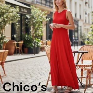 Chico’s Red Sleeveless Maxi Dress Women’s Soft Stretch Knit Zipper High-Low Hem